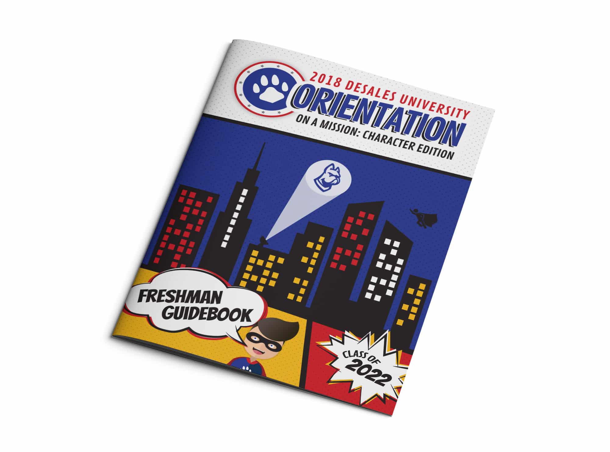 Desales University 2018 superhero-themed booklet design